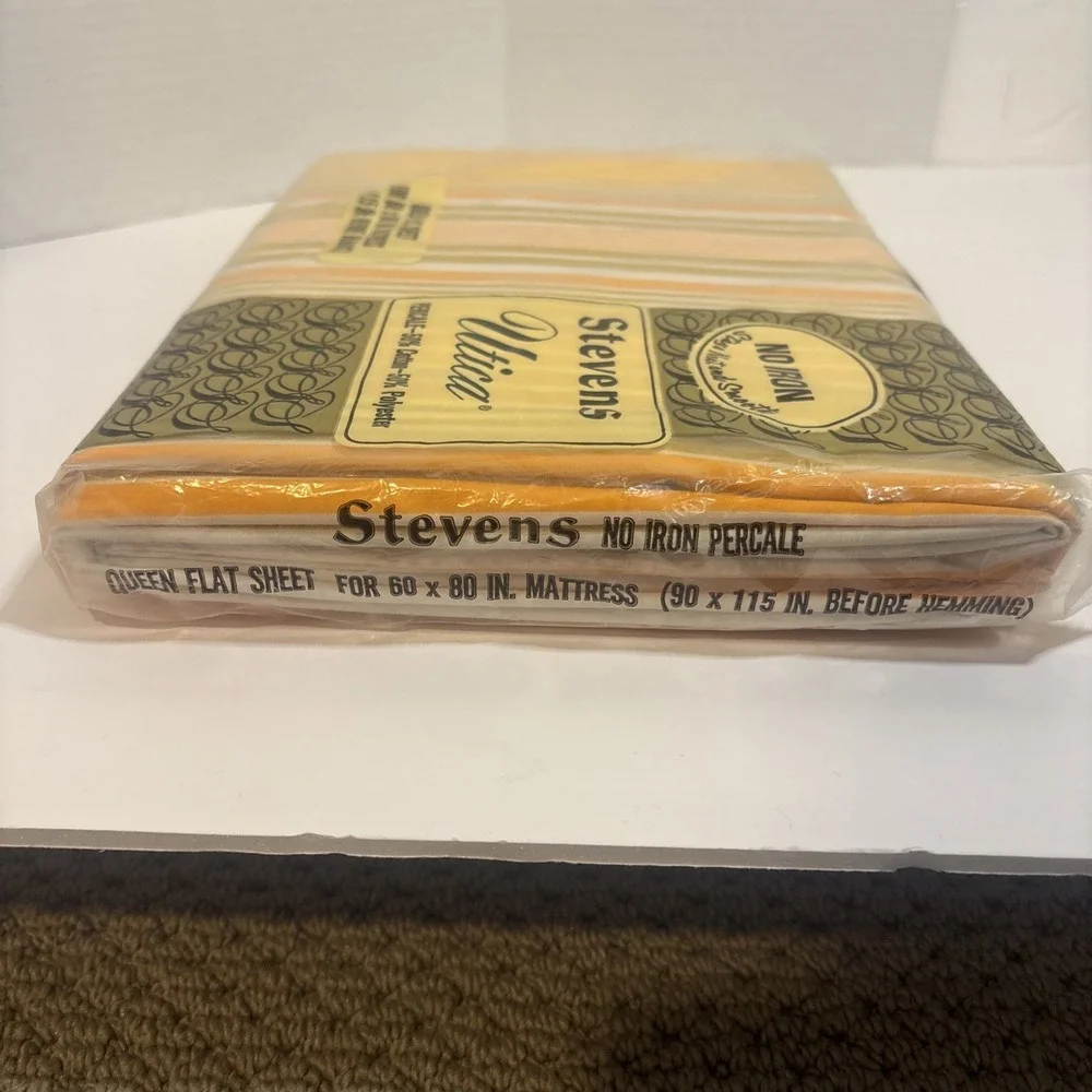 NOS Vintage Stevens Utica Queen Flat Sheet Orange Striped Fancy 1970s No Iron